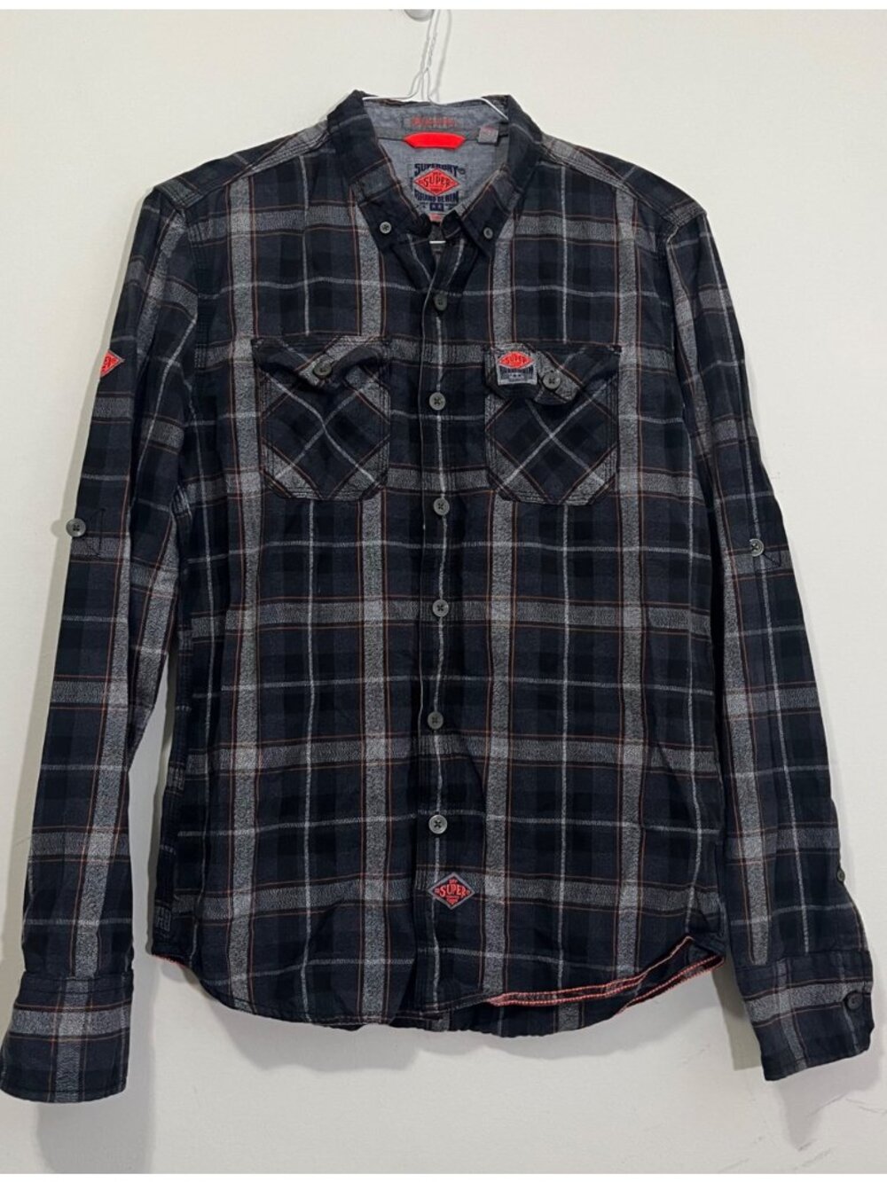 NWT Superdry Plaid Double Star Worker Wear Shirt Long Sleeve Black Gray Size M